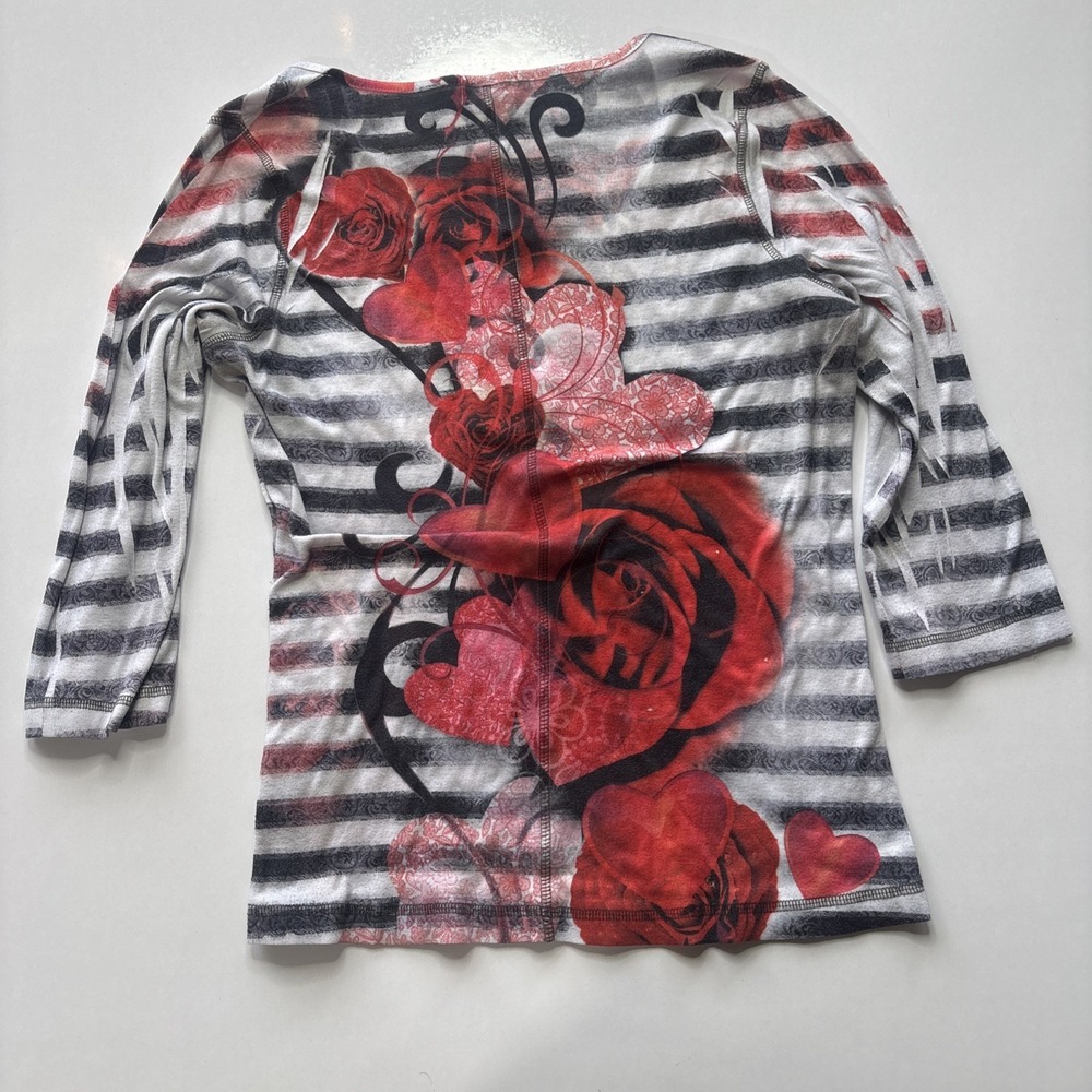 One World Black & White Striped Henley Top Hearts & Roses Print Women's Size XL - Picture 3 of 7